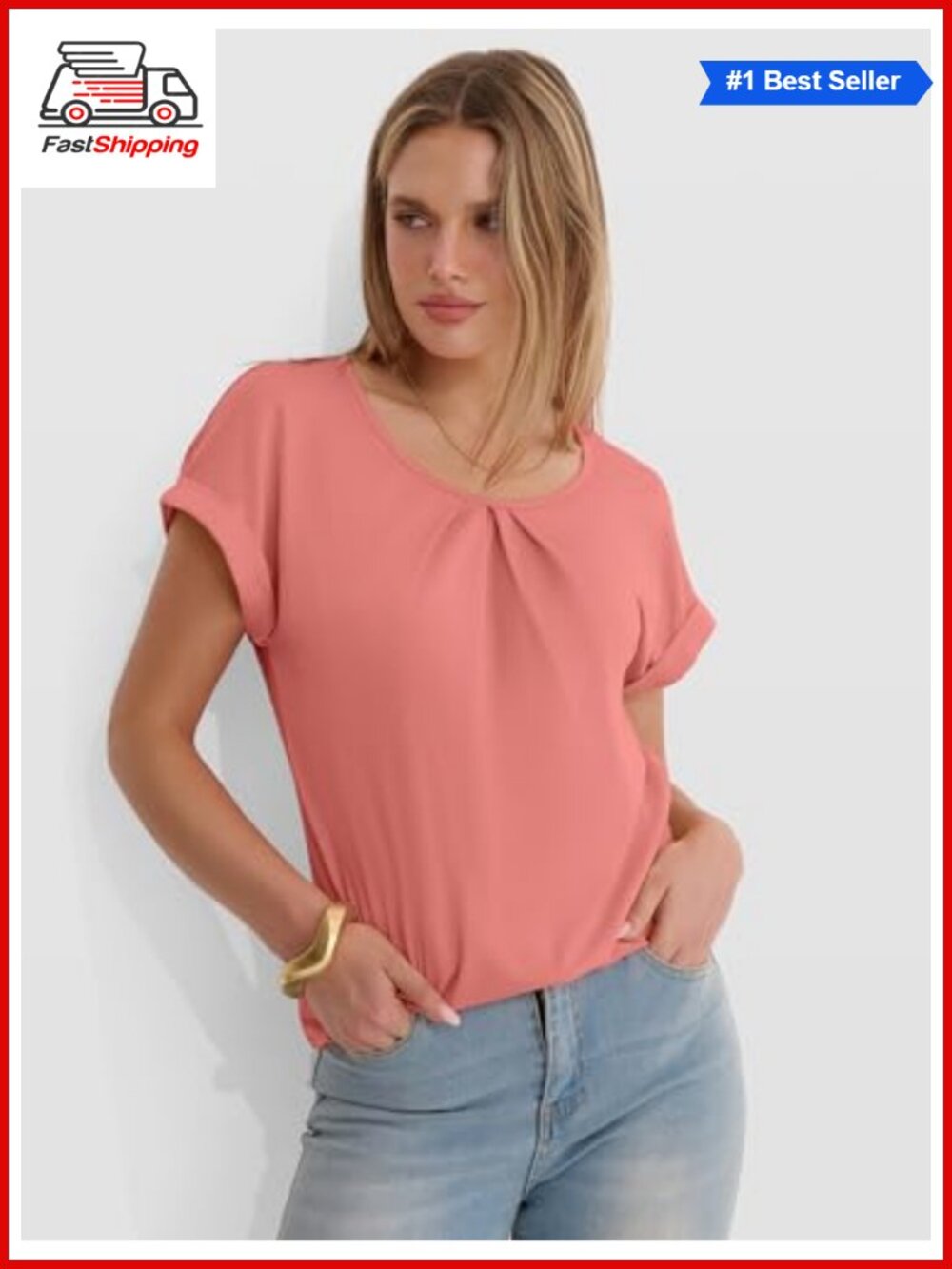 Women's Short Sleeve Pleated Scoop Neck T-Shirt Casual Top - Picture 5 of 6
